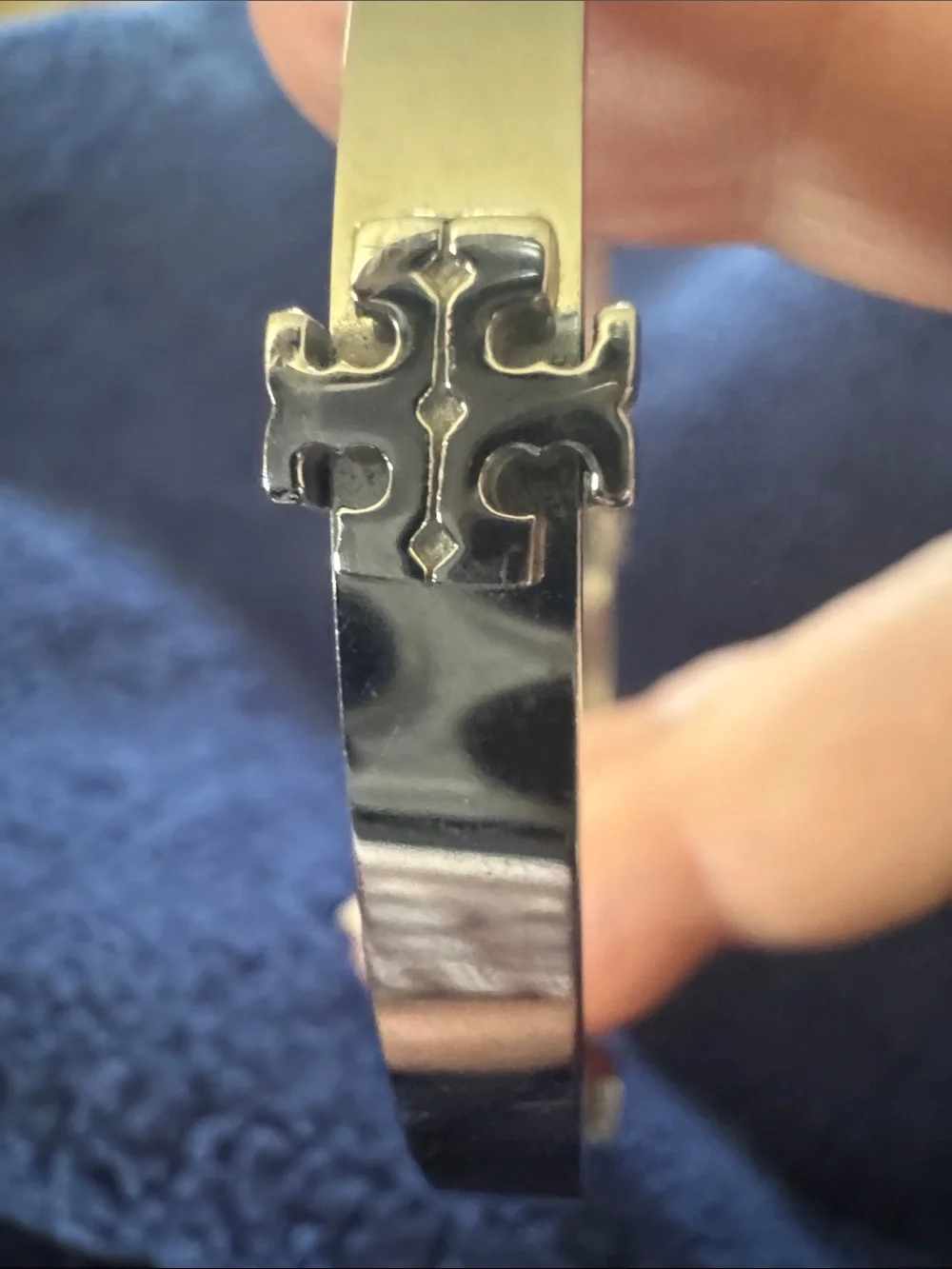 Tory Burch Polished Silver Logo Hinged Bracelet